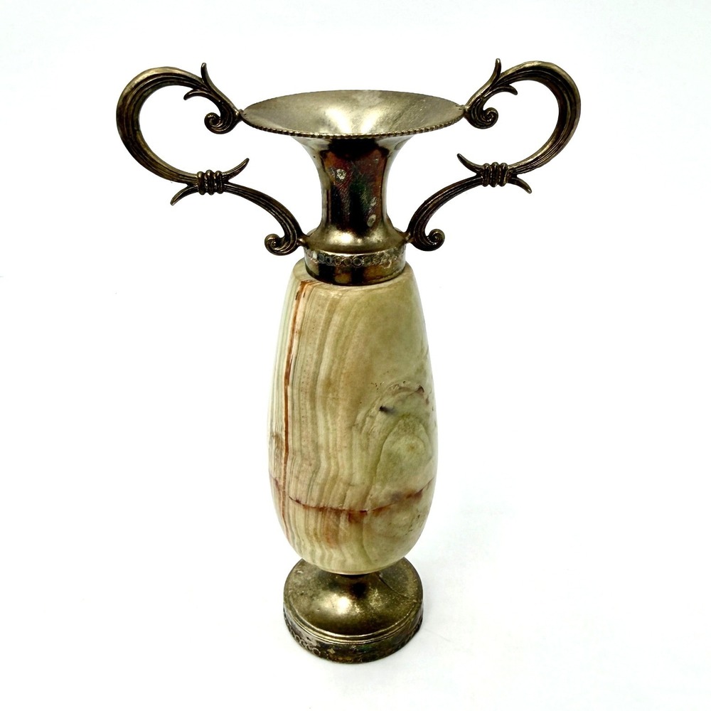 Vintage Onyx and Silver Tone Metal Small Urn Vase Dual Scroll Handles 5.5 Inch - Picture 3 of 6